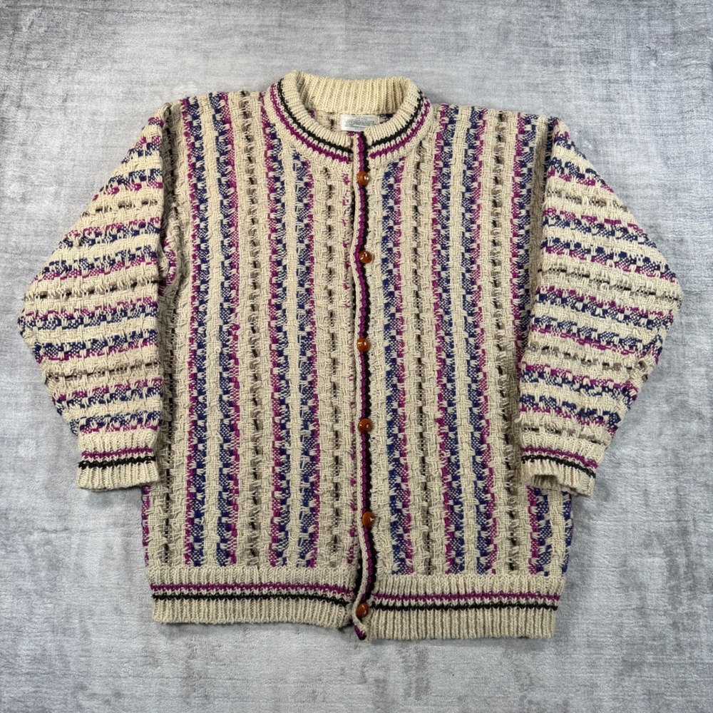 Otavalo Sweater Women XL White Vintage Wool Cardigan Stripe Handmade Knit